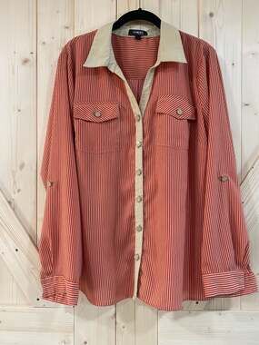 Elementz Woman Red and White Striped Button-Down Shirt with Contrast Collar and